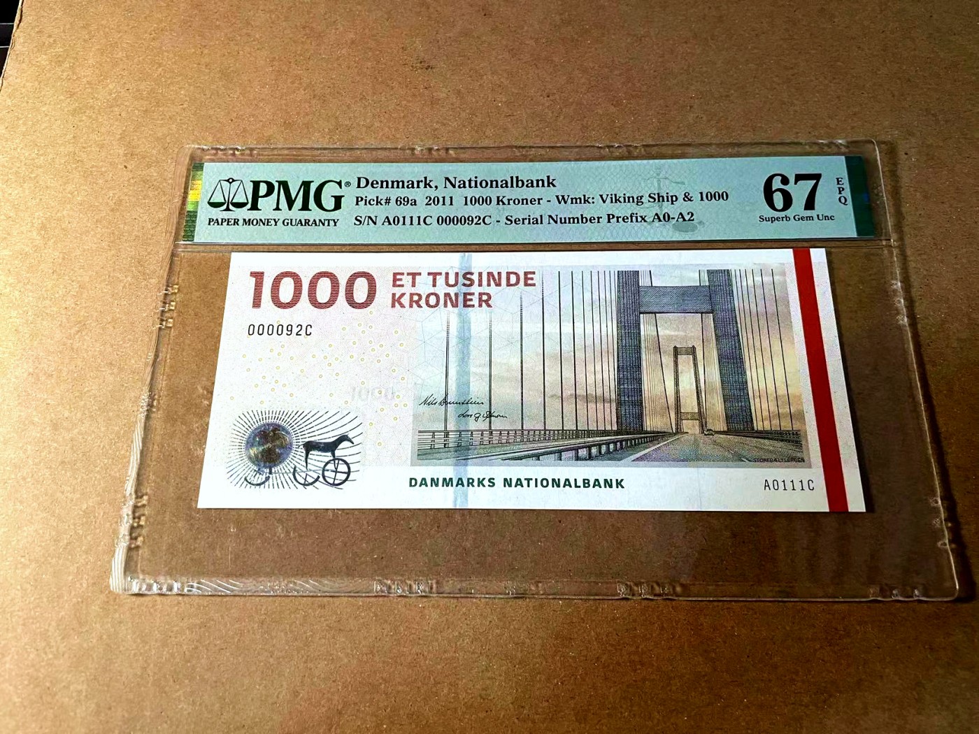 【Blue Auction】世界纸币精拍第452期——丹麦&瑞典专场 【p69a A0冠92小号】丹麦 2011年 1000克朗 PMG67EPQ 高分