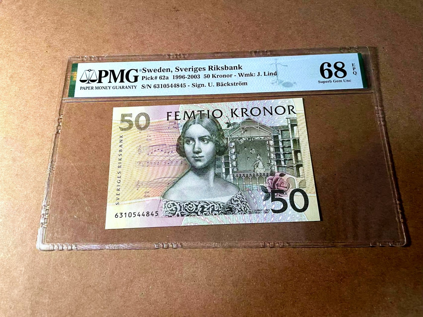 【Blue Auction】世界纸币精拍第452期——丹麦&瑞典专场 【p62a】瑞典 1996-03年50克朗 PMG68EPQ 超高分  夜莺