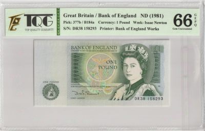 PThappally收藏第27次拍卖，英联邦地区硬币纸币 - GREAT BRITAIN, Bank of England 1981, 1 Pound, Sign. Somerset,  Pick 377b NS # DR38 158293, TQG 66 GEPQ Gem UNC