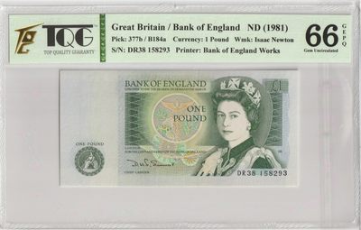 PThappally收藏第27次拍卖，英联邦地区硬币纸币 - GREAT BRITAIN, Bank of England 1981, 1 Pound, Sign. Somerset,  Pick 377b NS # DR38 158293, TQG 66 GEPQ Gem UNC