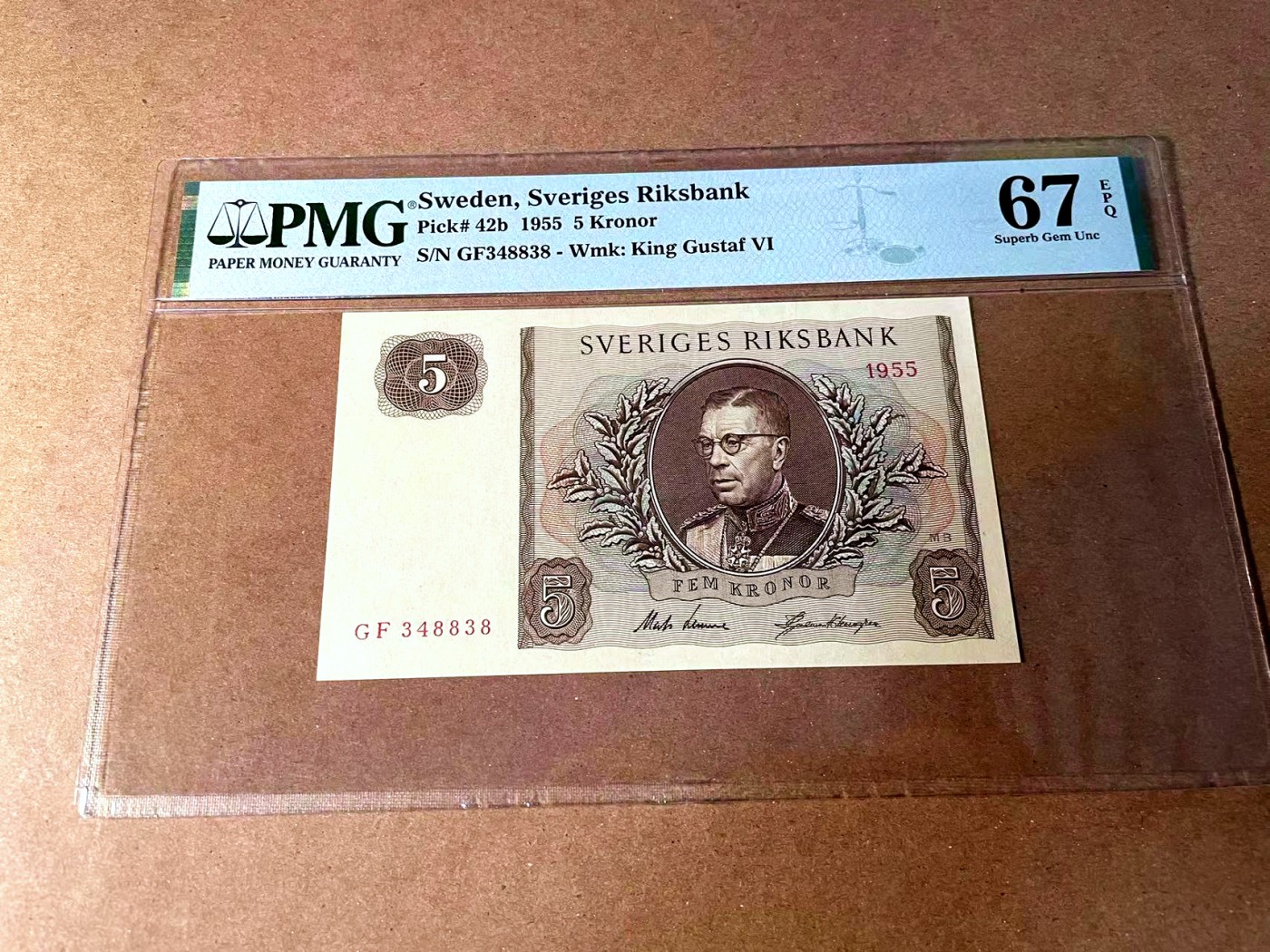 【Blue Auction】世界纸币精拍第452期——丹麦&瑞典专场 【p42b】瑞典 1955年5克朗 PMG67EPQ 高分