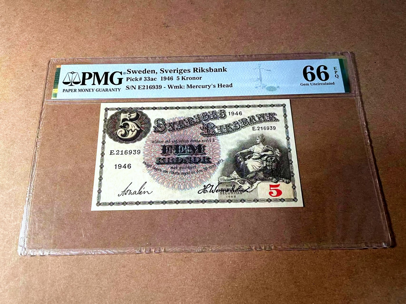 【Blue Auction】世界纸币精拍第452期——丹麦&瑞典专场 【p33ac 无47】瑞典 1946年5克朗 PMG66EPQ  