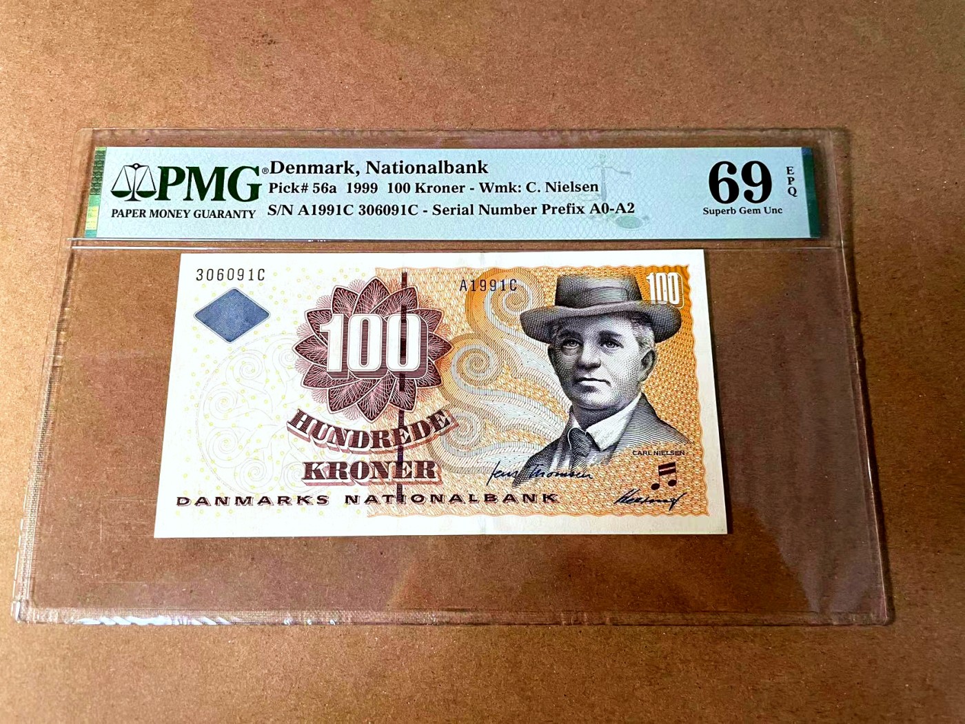 【Blue Auction】世界纸币精拍第452期——丹麦&瑞典专场 【p56a 无47 A1冠】丹麦 1999年 100克朗 PMG69EPQ  近满分