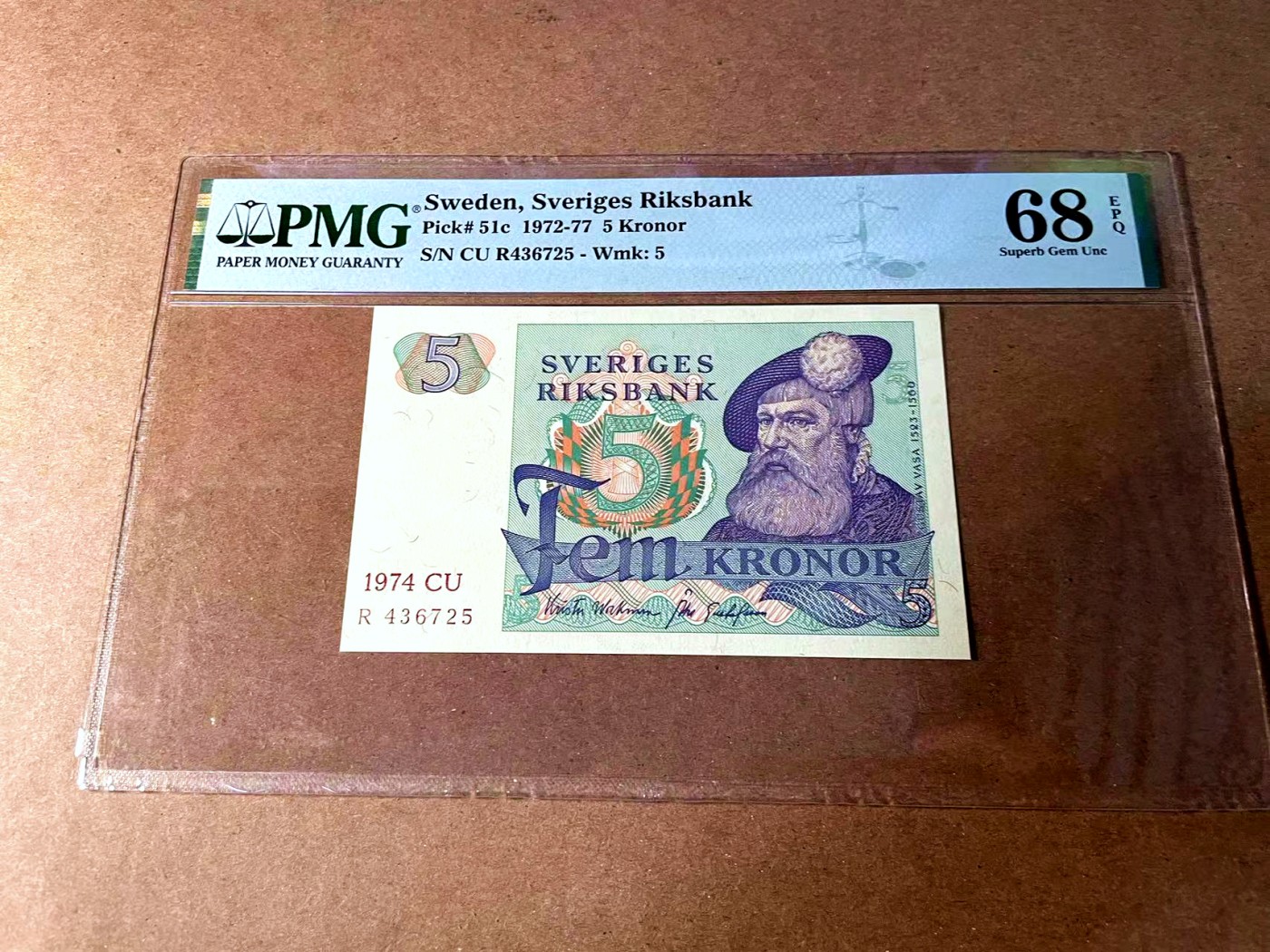 【Blue Auction】世界纸币精拍第452期——丹麦&瑞典专场 【p51c】瑞典 1974年5克朗 PMG68EPQ 超高分 