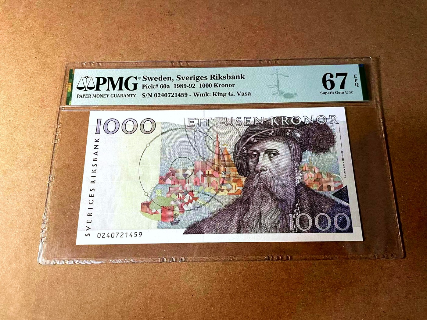 【Blue Auction】世界纸币精拍第452期——丹麦&瑞典专场 【p60a】瑞典 1989-92年1000克朗 PMG67EPQ 高分 大胡子