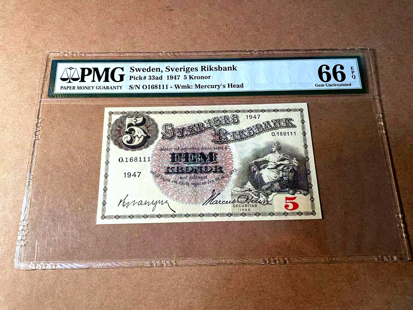 【Blue Auction】世界纸币精拍第452期——丹麦&瑞典专场 【p33ad 豹子号 倒置号】瑞典 1947年5克朗 PMG66EPQ  