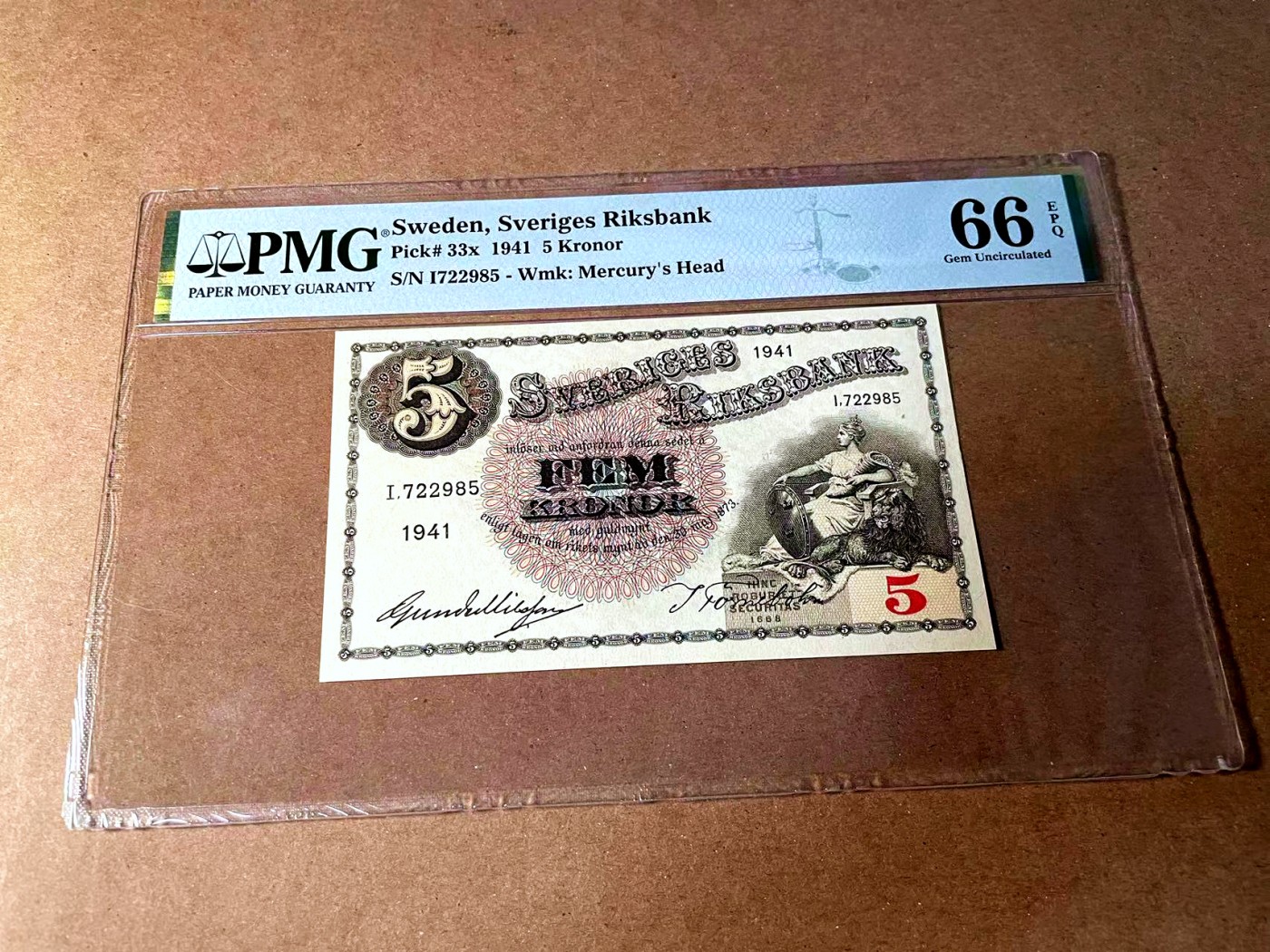 【Blue Auction】世界纸币精拍第452期——丹麦&瑞典专场 【p33x】瑞典 1941年5克朗 PMG66EPQ 