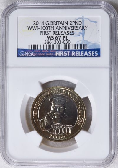 S&S Numismatic世界钱币-拍卖 第75期 - 英国2014年 世界一次大战百年 2英镑双色纪念币 NGC MS67PL首期蓝标