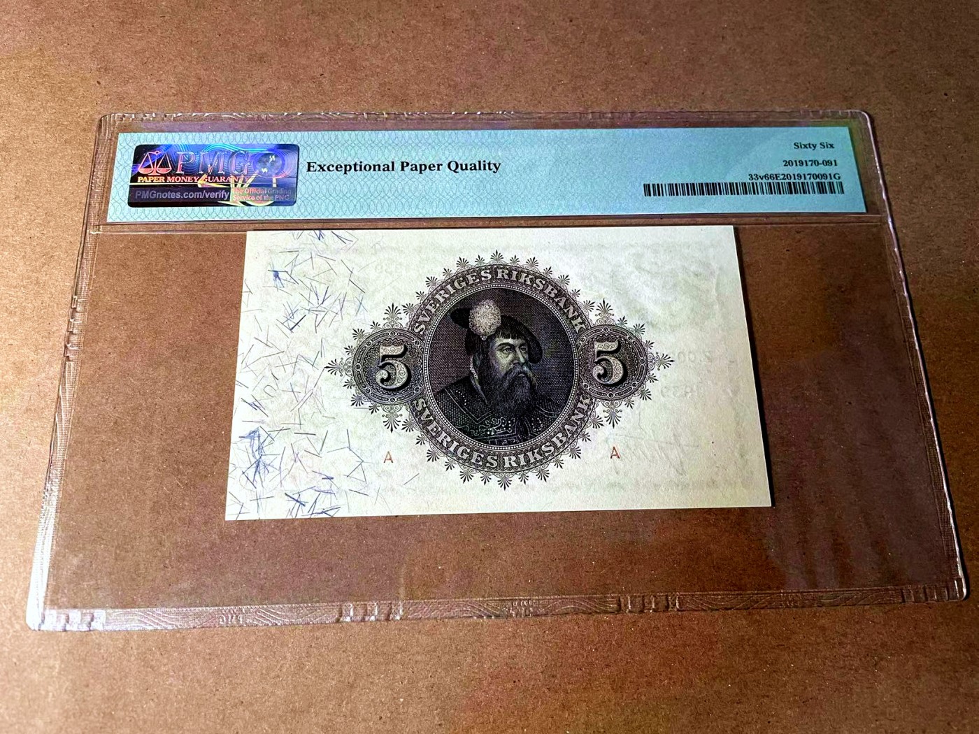 【Blue Auction】世界纸币精拍第452期——丹麦&瑞典专场 【p33v 千位小号】瑞典 1939年5克朗 PMG66EPQ 