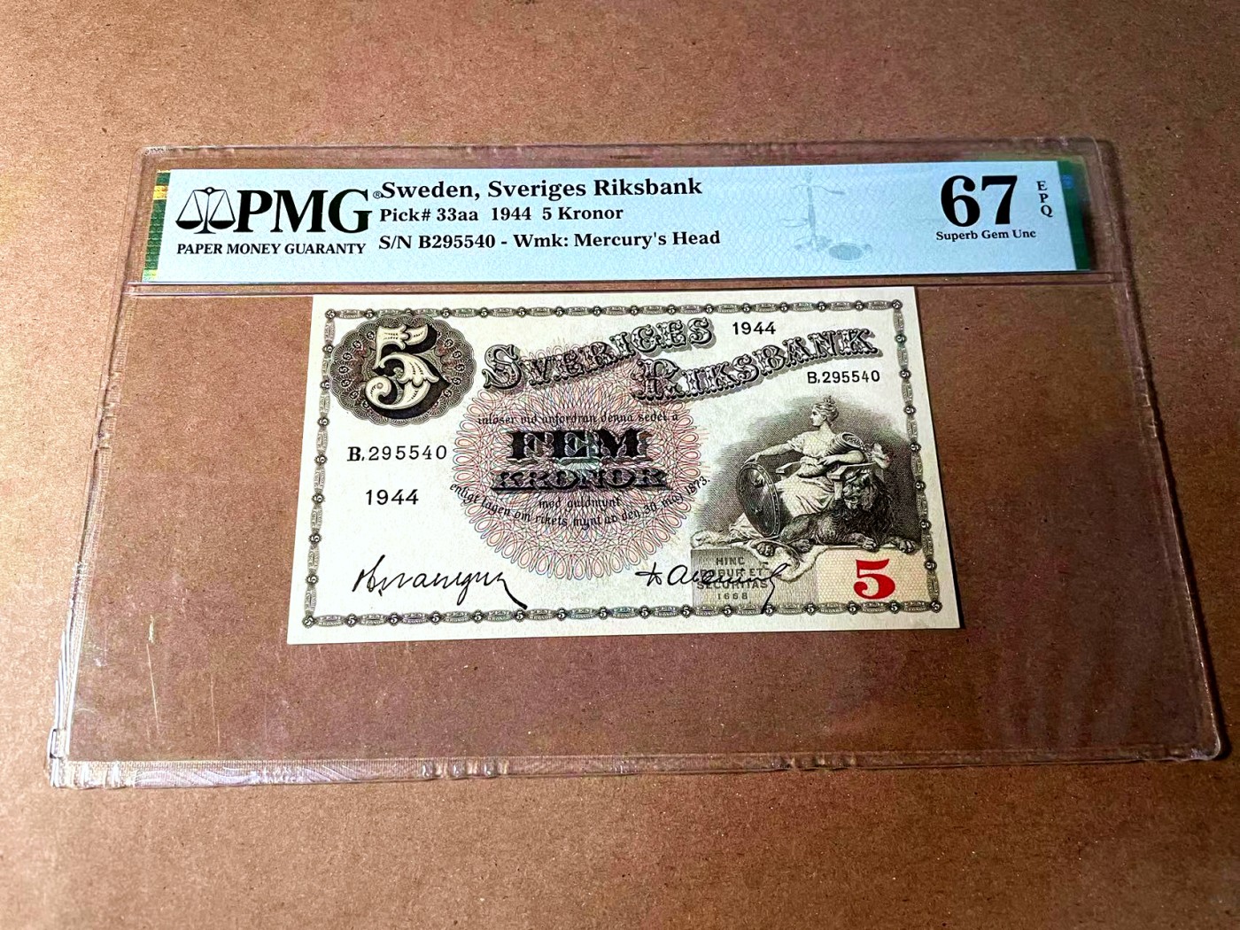 【Blue Auction】世界纸币精拍第452期——丹麦&瑞典专场 【p33aa】瑞典 1944年5克朗 PMG67EPQ 高分