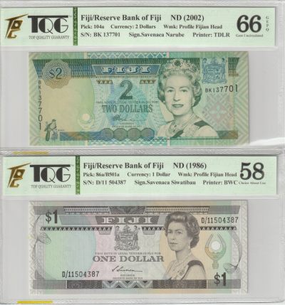 PThappally收藏第27次拍卖，英联邦地区硬币纸币 - FIJI, Reserve Bank of Fiji, 1987 1 Dollar, Pick 86a TQG 58 aUNC and 2002 2 Dollars Pick 104a TQG 66 Gem UNC GEPQ