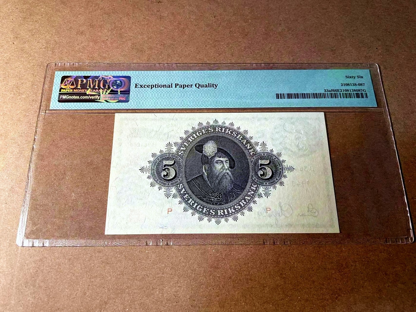 【Blue Auction】世界纸币精拍第452期——丹麦&瑞典专场 【p33af】瑞典 1949年5克朗 PMG66EPQ  