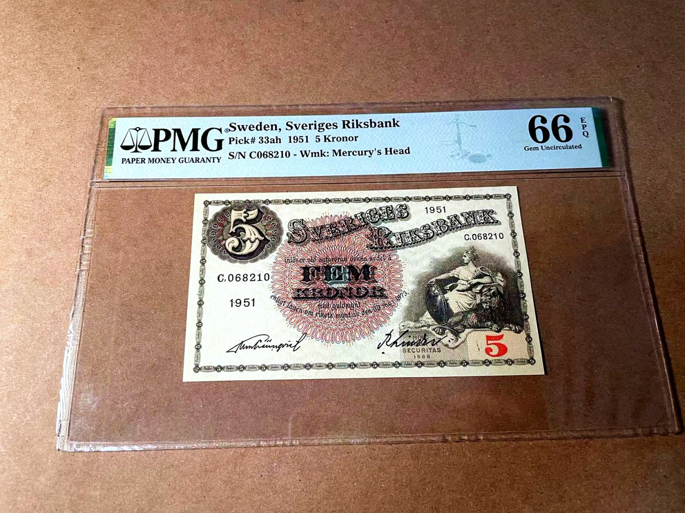 【Blue Auction】世界纸币精拍第452期——丹麦&瑞典专场 【p33ah 无47】瑞典 1951年5克朗 PMG66EPQ  