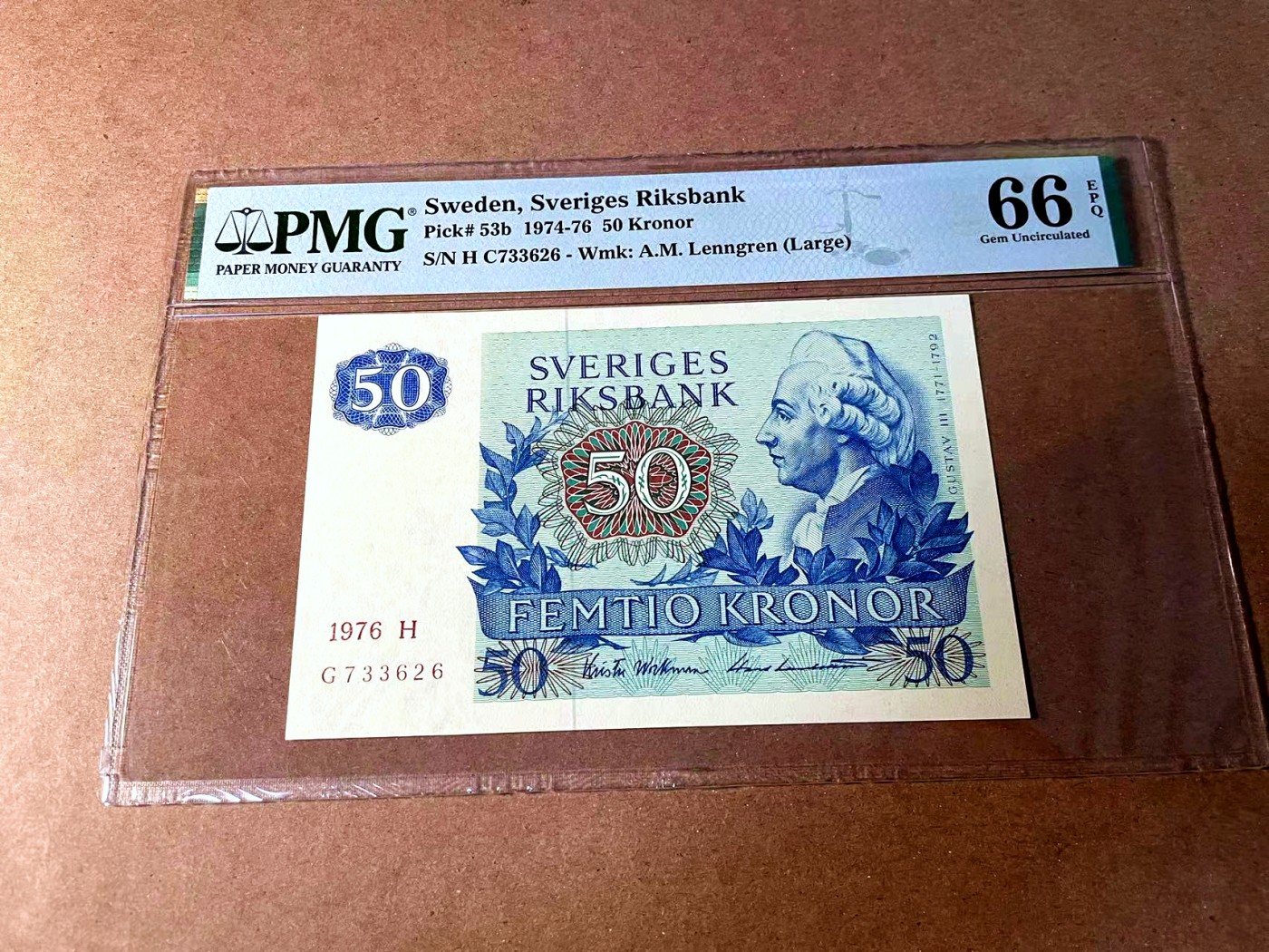 【Blue Auction】世界纸币精拍第452期——丹麦&瑞典专场 【p53b】瑞典 1976年50克朗 PMG66EPQ 