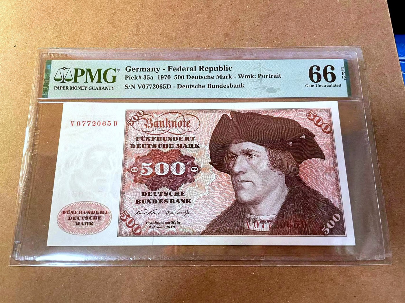 【Blue Auction】✨世界纸币精拍第453期【精】     【p35a 亚军分 仅3张更高分】德国 1970年500马克 较少见年份 经典大副 雕刻精美 PMG66EPQ  评级量仅27张 远少于77和80版