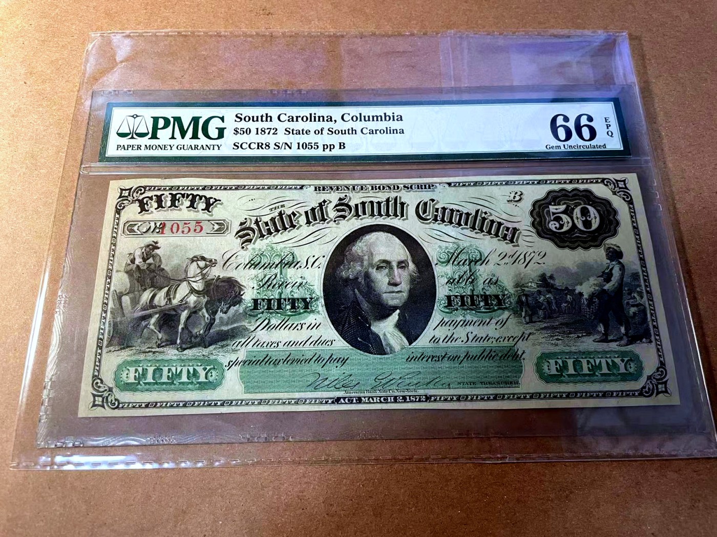 【Blue Auction】✨世界纸币精拍第453期【精】 【带签名 1055号】美国 南卡州 1872年50美金 最高值 华盛顿 PMG66EPQ 双面设计精美