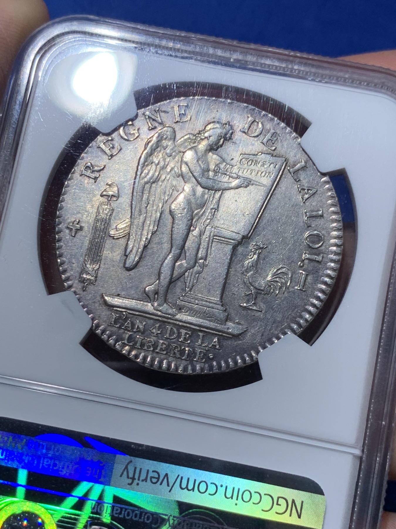 《竞宝斋》第251场-周日，周一2场连拍 (全场包邮) NGC MS61 法国1792年少见利摩日厂天使埃居银币 南部薰衣草凝紫包浆 头像深耸无矫正痕打制完美 这个品种没有矫正痕的好品难以觅得