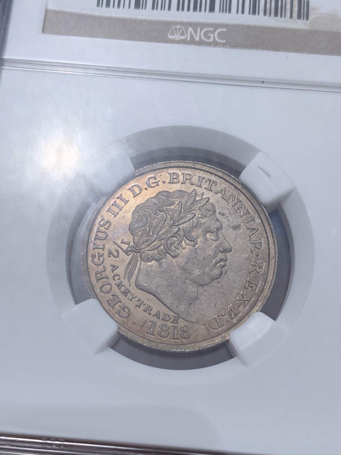 《竞宝斋》第251场-周日，周一2场连拍 (全场包邮) NGC PF63 英属黄金海岸1818年1/2阿基银币   英殖名誉品，实物镜面金色包浆，非常漂亮的一枚！