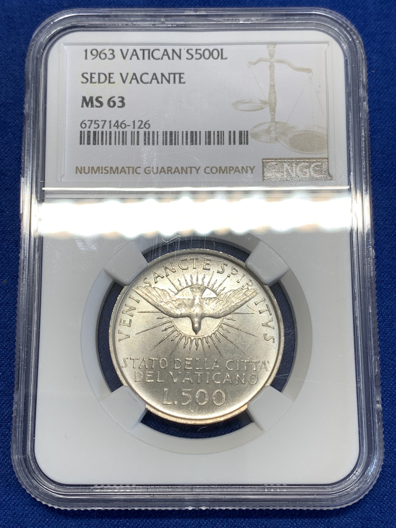 《竞宝斋》第251场-周日，周一2场连拍 (全场包邮) NGC MS63 梵蒂冈1963年教皇缺位500里拉银币