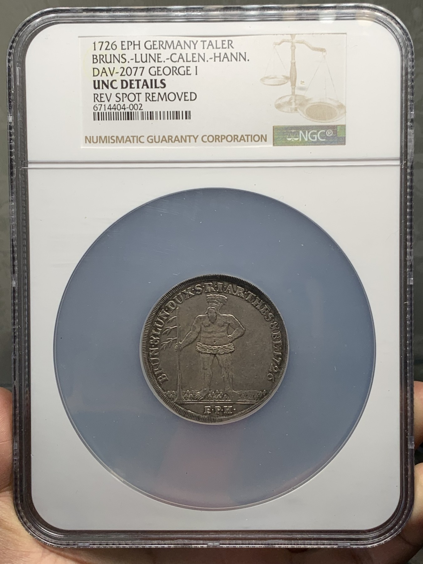 《竞宝斋》第251场-周日，周一2场连拍 (全场包邮) NGC UNC 德国 1726  不伦瑞克 野人泰勒大银币 乔治一世 汉诺威选帝侯 英国与爱尔兰的首位国王 高细节 背面为四州徽章 非常好的状态