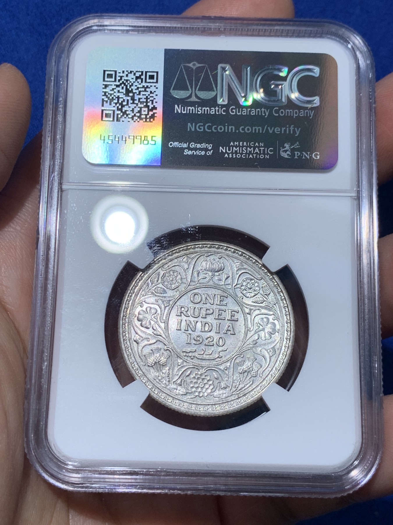 《竞宝斋》第251场-周日，周一2场连拍 (全场包邮) NGC MS63 英属印度1920年卢比银币C版 BU转光 高分好状态