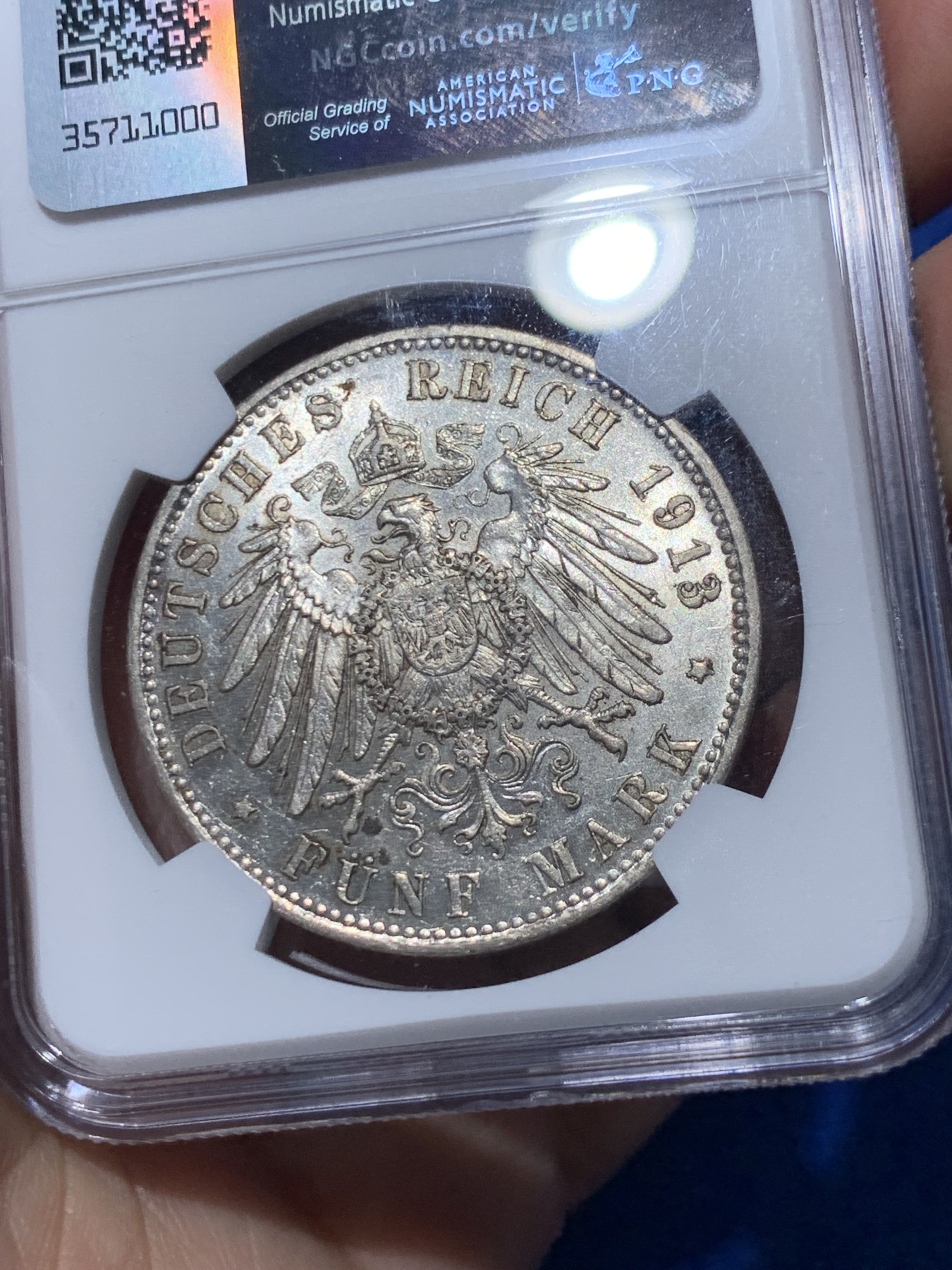 《竞宝斋》第251场-周日，周一2场连拍 (全场包邮) NGC AU55 德国1913年巴伐利亚王国奥托国王5马克银币， 略为低评，流通马克出分不易。