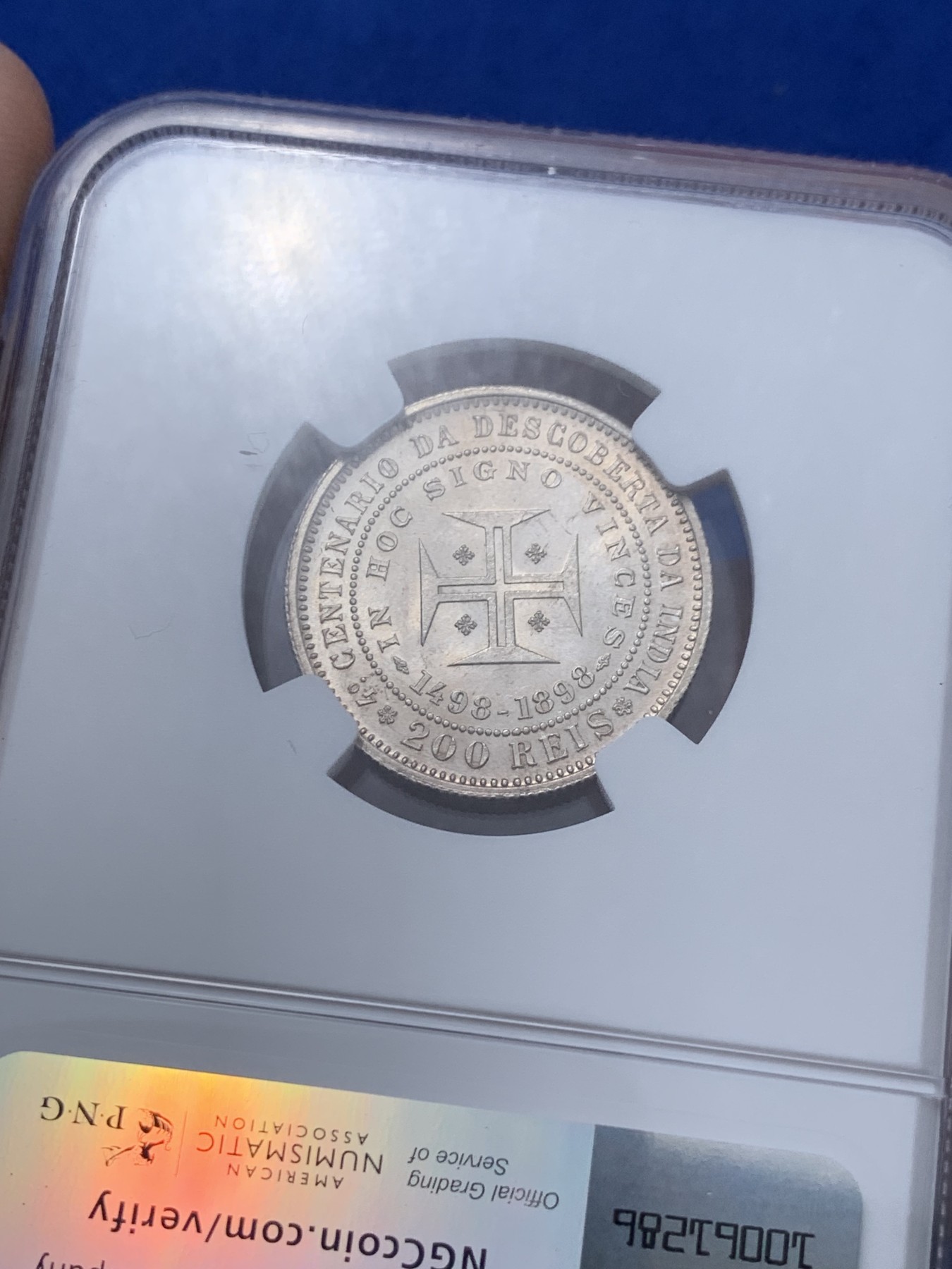 《竞宝斋》第251场-周日，周一2场连拍 (全场包邮) NGC MS63 葡萄牙1898年发现印度戎装版200瑞斯大银币