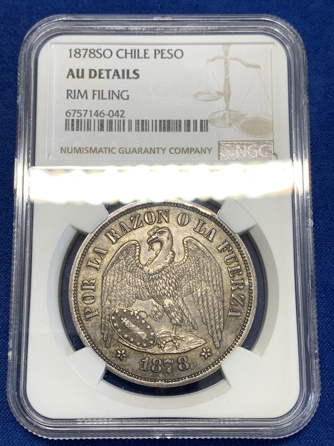 《竞宝斋》第251场-周日，周一2场连拍 (全场包邮) NGC AUD 1878年智利雄鹰原味比索大银