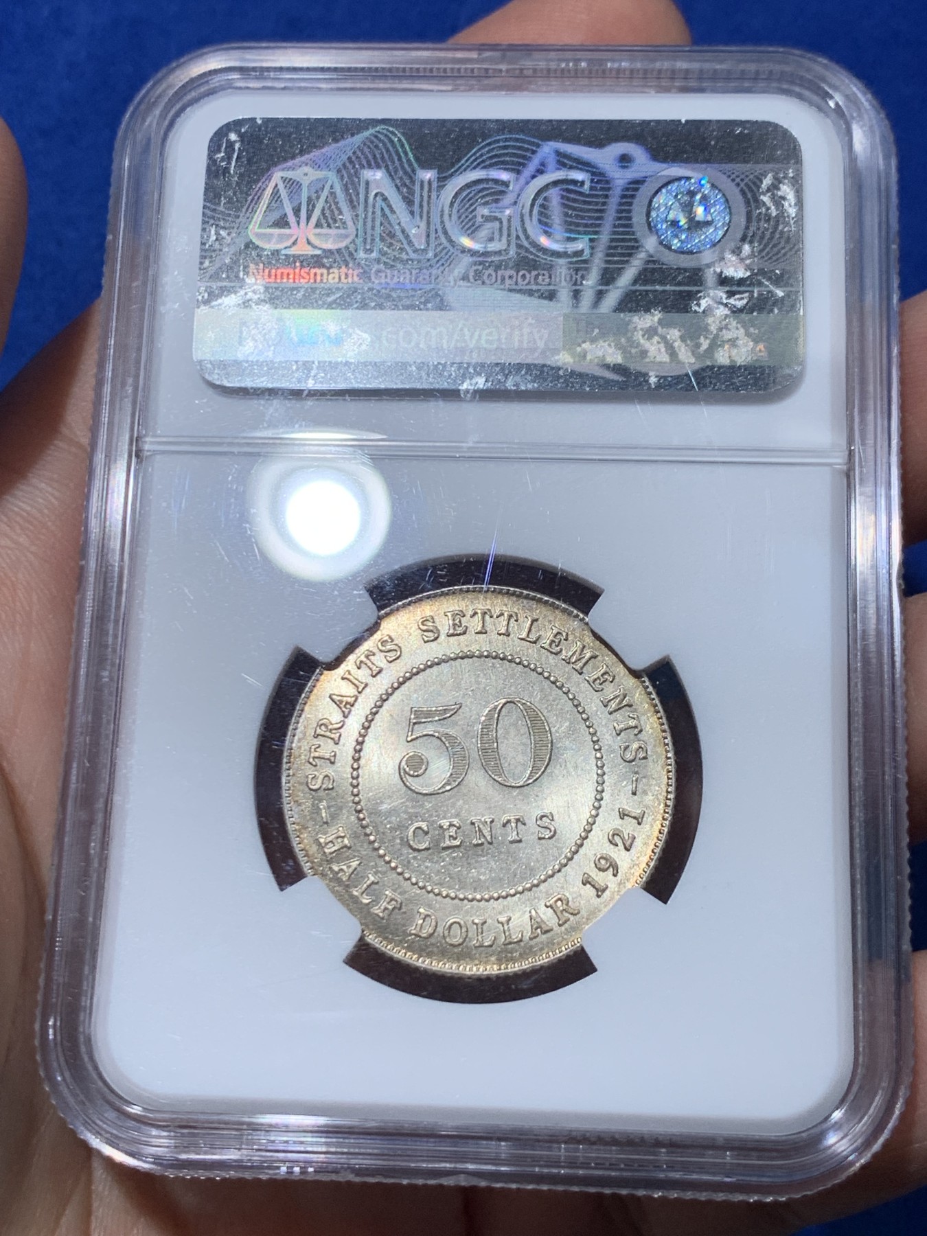 《竞宝斋》第251场-周日，周一2场连拍 (全场包邮) NGC MS63 英属海峡殖民地 1921年 50分银币 乔治五世 淡黄油包浆