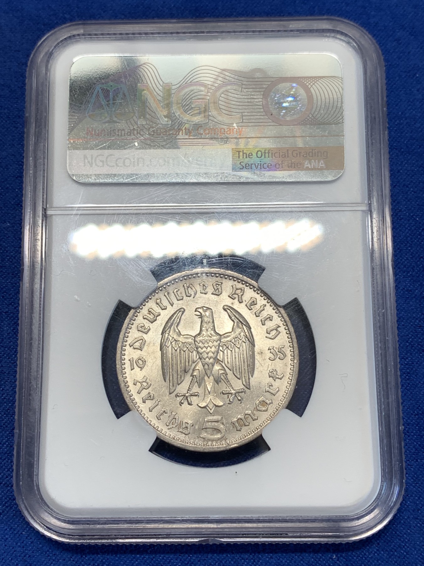 《竞宝斋》第251场-周日，周一2场连拍 (全场包邮) NGC MS63 德国1935年兴登堡5马克银币 鹰版
