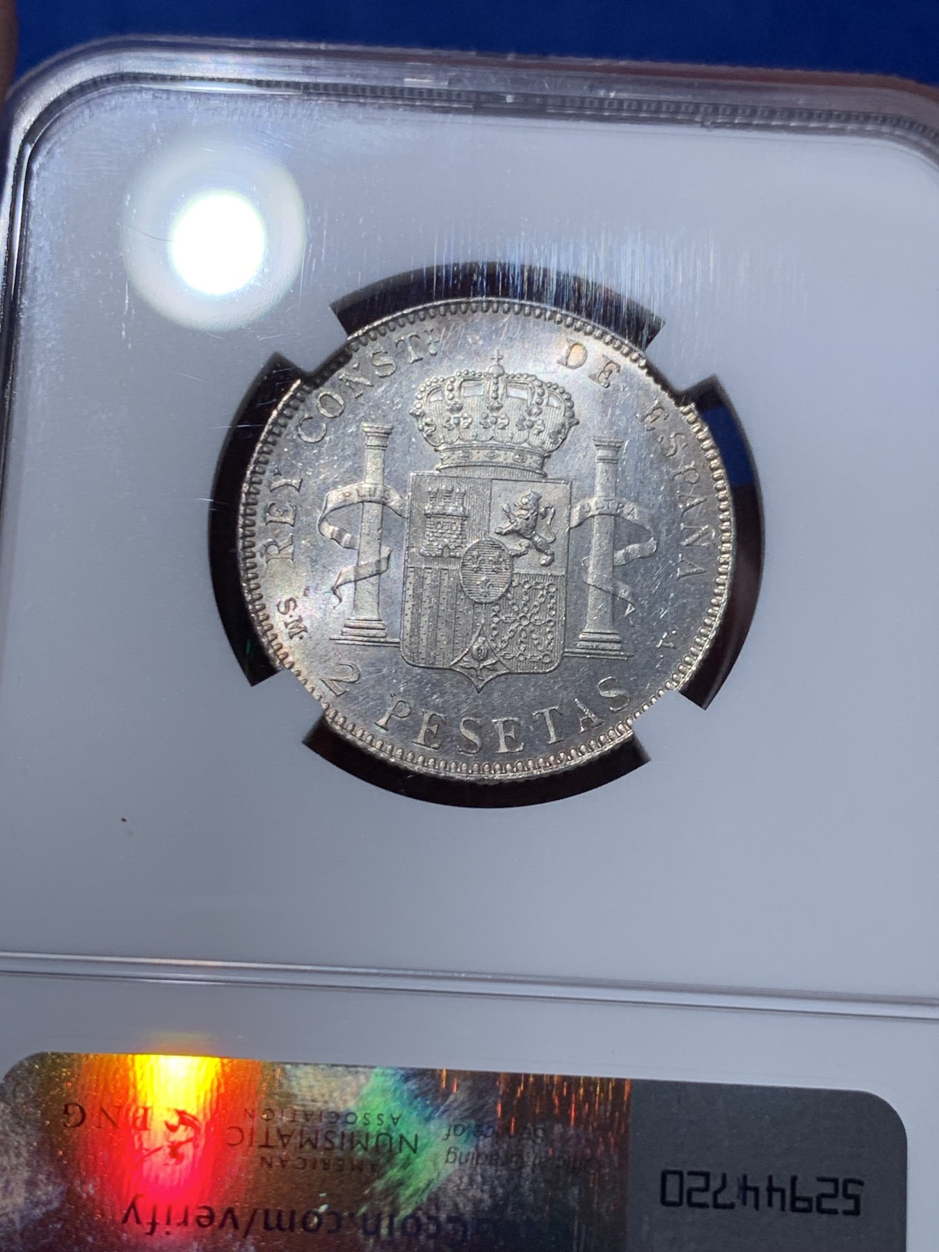 《竞宝斋》第251场-周日，周一2场连拍 (全场包邮) NGC MS61 西班牙1905阿方索十三世2比塞塔银币