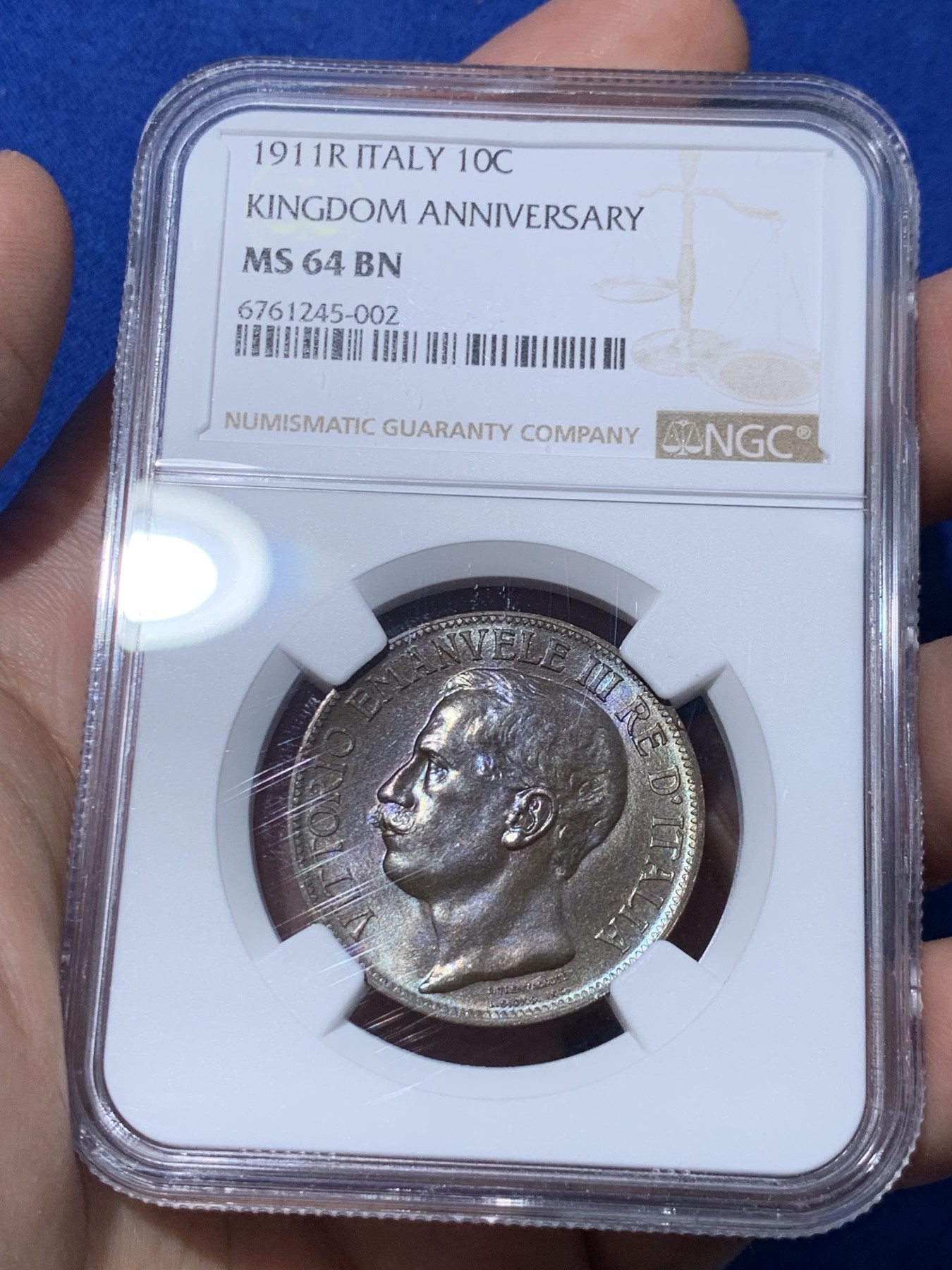 《竞宝斋》第251场-周日，周一2场连拍 (全场包邮) NGC MS64BN 意大利伊曼纽尔三世1911年托奶10分铜币