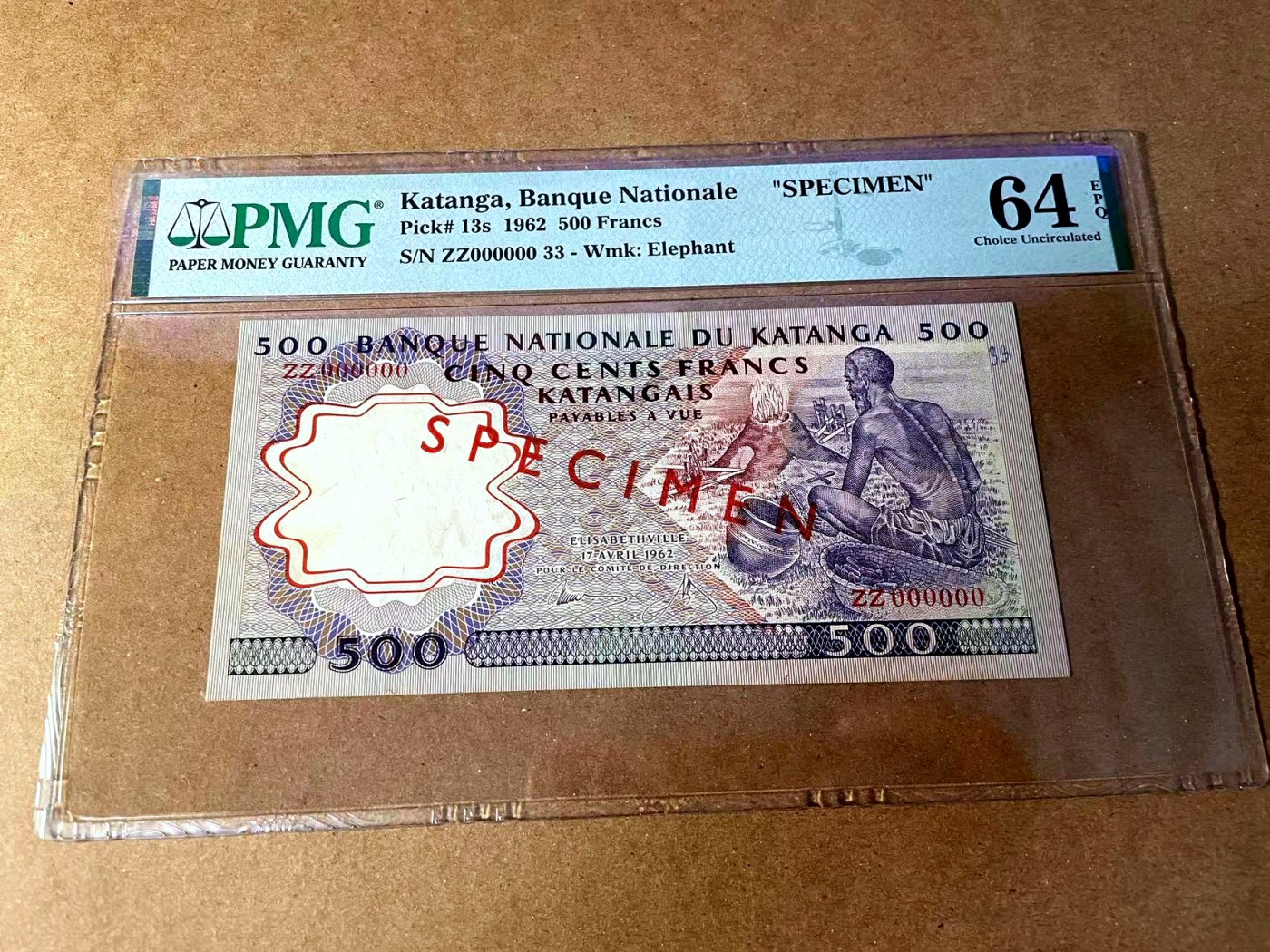 【Blue Auction】✨世界纸币精拍第453期【精】 【已消失的国家】卡丹加 1962年500法郎 样钞 PMG64EPQ  大象水印