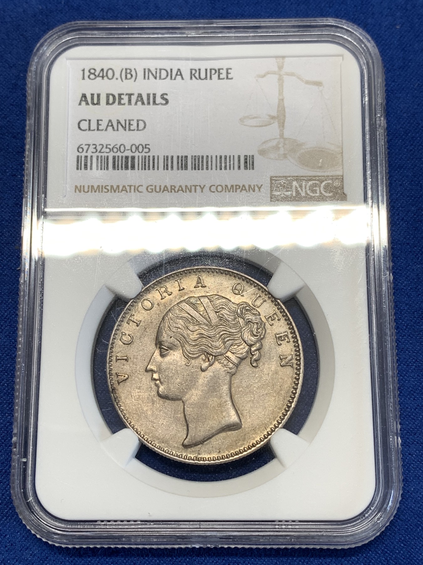 《竞宝斋》第251场-周日，周一2场连拍 (全场包邮) NGC AUD 1840年英属印度小维单辫1卢比，状态很好，人物雕刻细节精致，仍有光泽