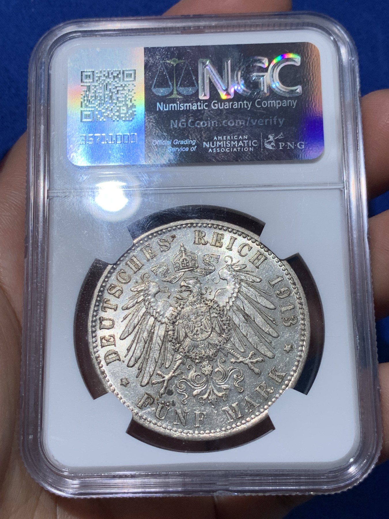 《竞宝斋》第251场-周日，周一2场连拍 (全场包邮) NGC AU55 德国1913年巴伐利亚王国奥托国王5马克银币， 略为低评，流通马克出分不易。