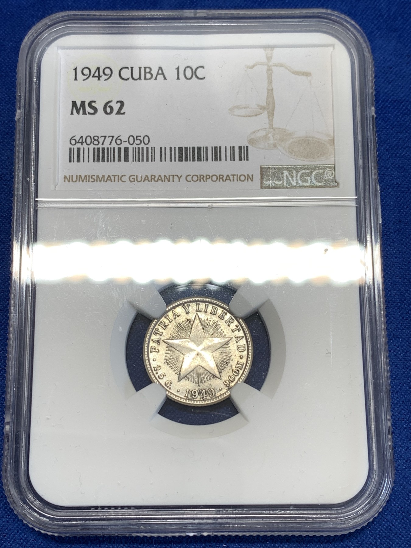 《竞宝斋》第251场-周日，周一2场连拍 (全场包邮) NGC MS62 古巴 1949年 五星 10分银币