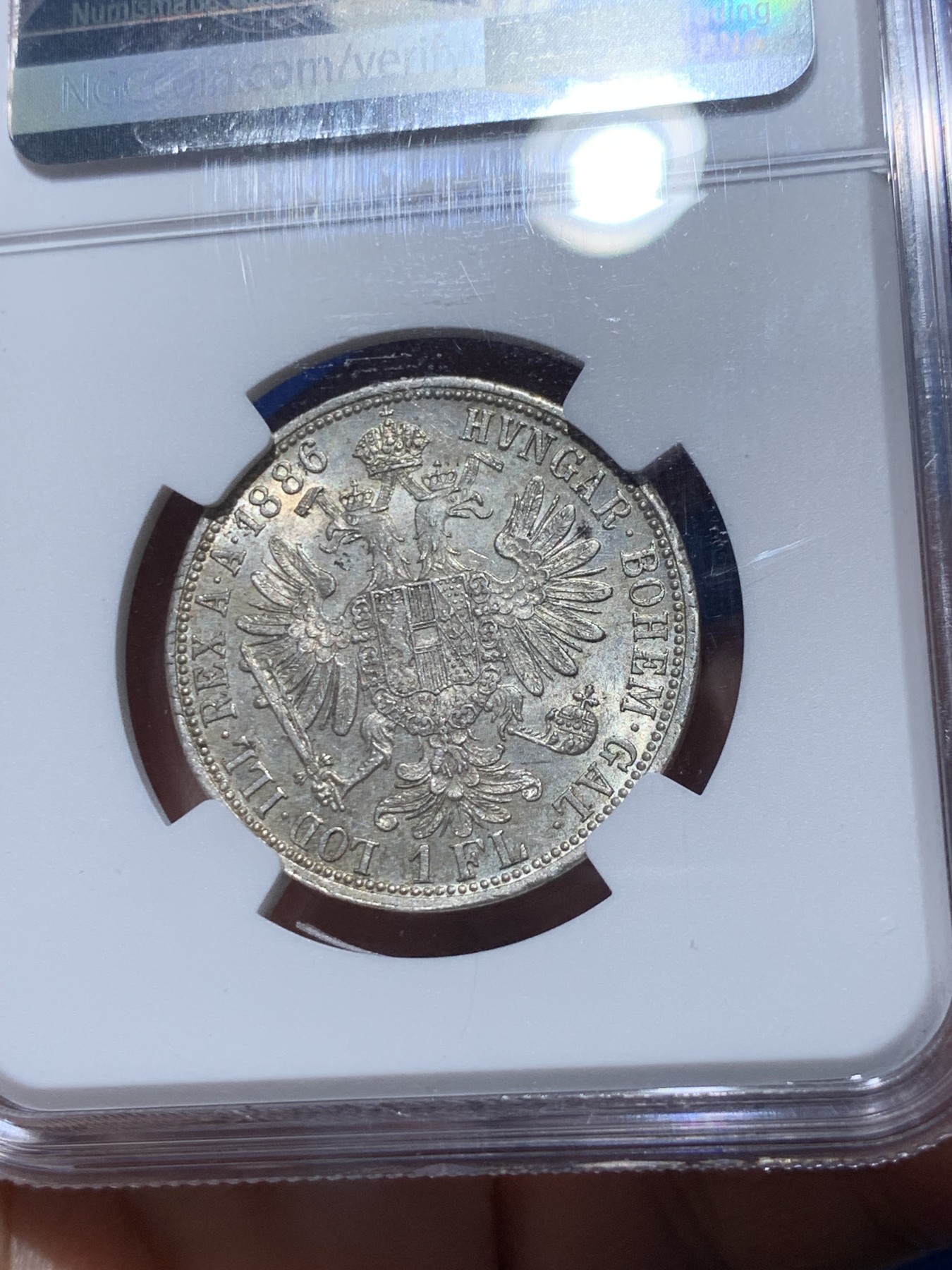 《竞宝斋》第251场-周日，周一2场连拍 (全场包邮) NGC MS63 1886奥地利1佛罗林银币，转光美