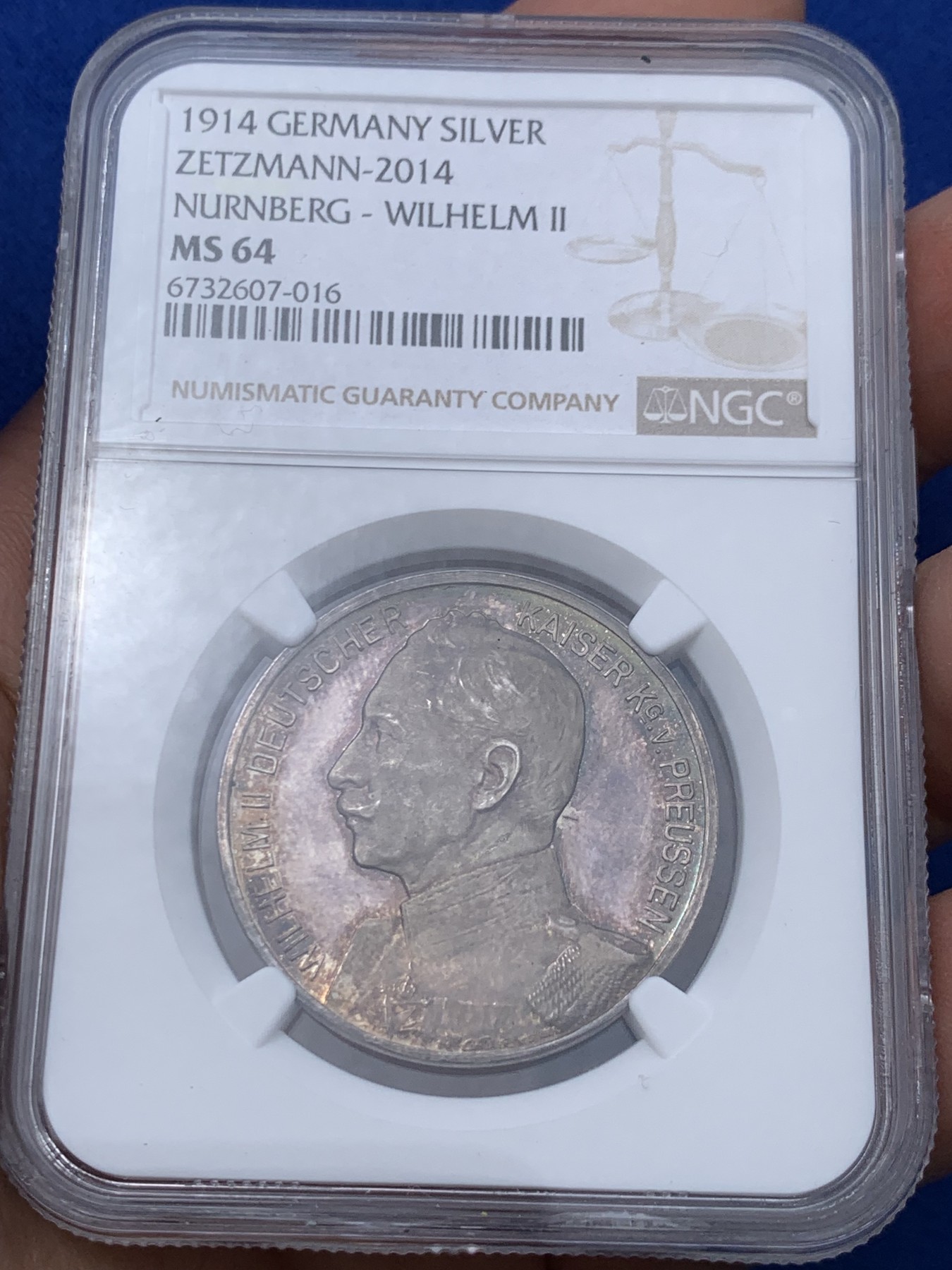 《竞宝斋》第251场-周日，周一2场连拍 (全场包邮) NGC MS64 1914年德国一战威廉二世开战纪念银章 镜面底板 五彩包浆 系列中比较稀少的一款