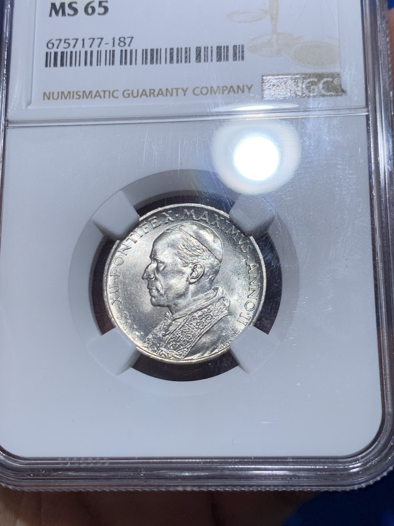 《竞宝斋》第251场-周日，周一2场连拍 (全场包邮) NGC MS65 梵蒂冈1940年小船5里拉银币