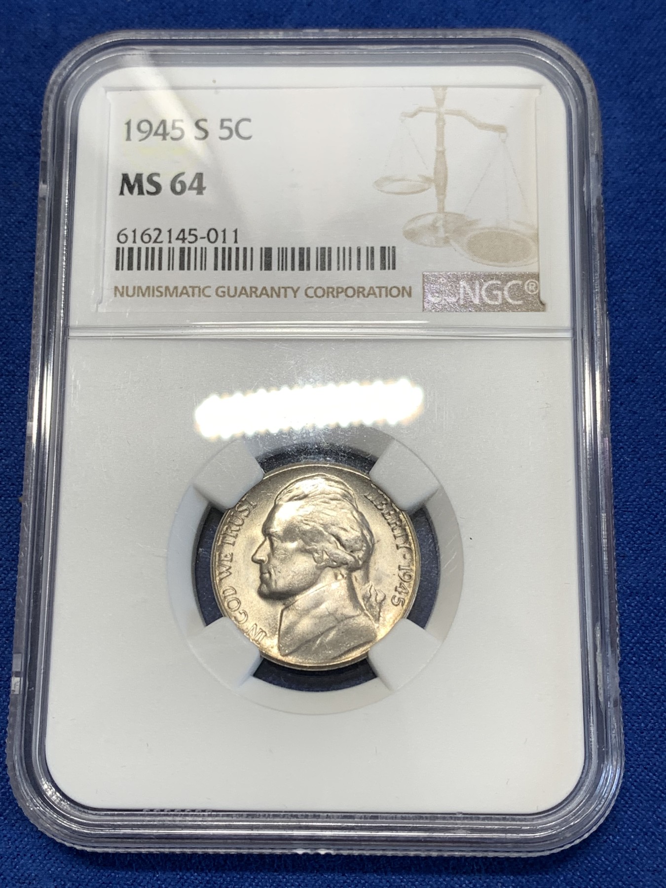 《竞宝斋》第251场-周日，周一2场连拍 (全场包邮) NGC MS64 美国1945年杰弗逊战时5美分（含银版，仅1942-45战时版含银）