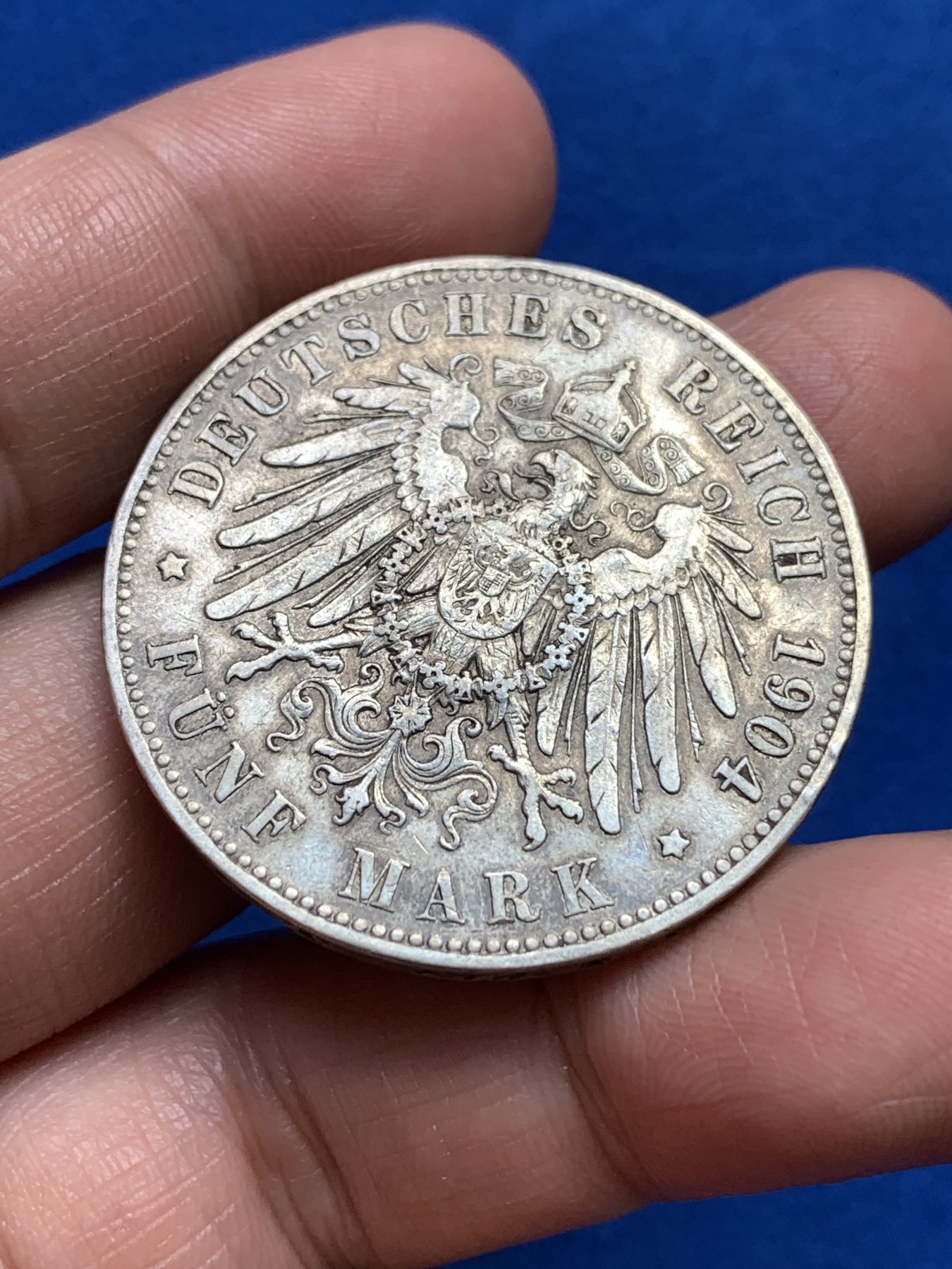 《竞宝斋》第251场-周日，周一2场连拍 (全场包邮) 德国1904年 普鲁士威廉二世5马克银币 通货好品