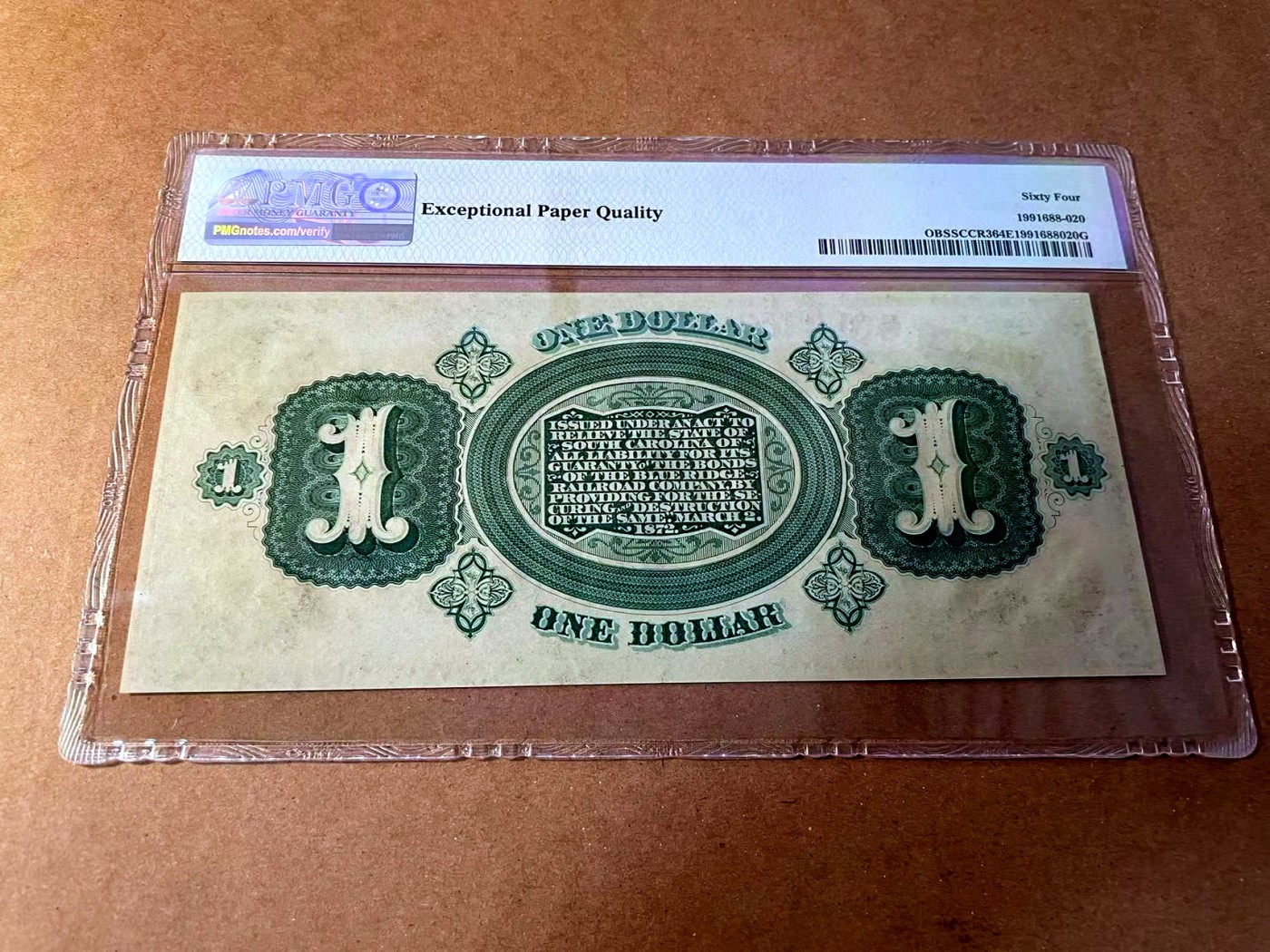 【Blue Auction】✨世界纸币精拍第453期【精】 【带签名 1229号】美国 南卡州 1872年1美金 该套最少见面值 PMG64EPQ 双面设计精美