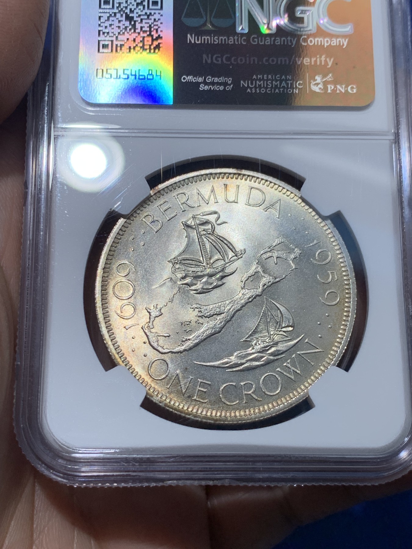 《竞宝斋》第251场-周日，周一2场连拍 (全场包邮) NGC MS66 英属百慕大 1959年 伊丽莎白二世 发现百慕大350周年纪念 1克朗大银币 925银 高分淡彩