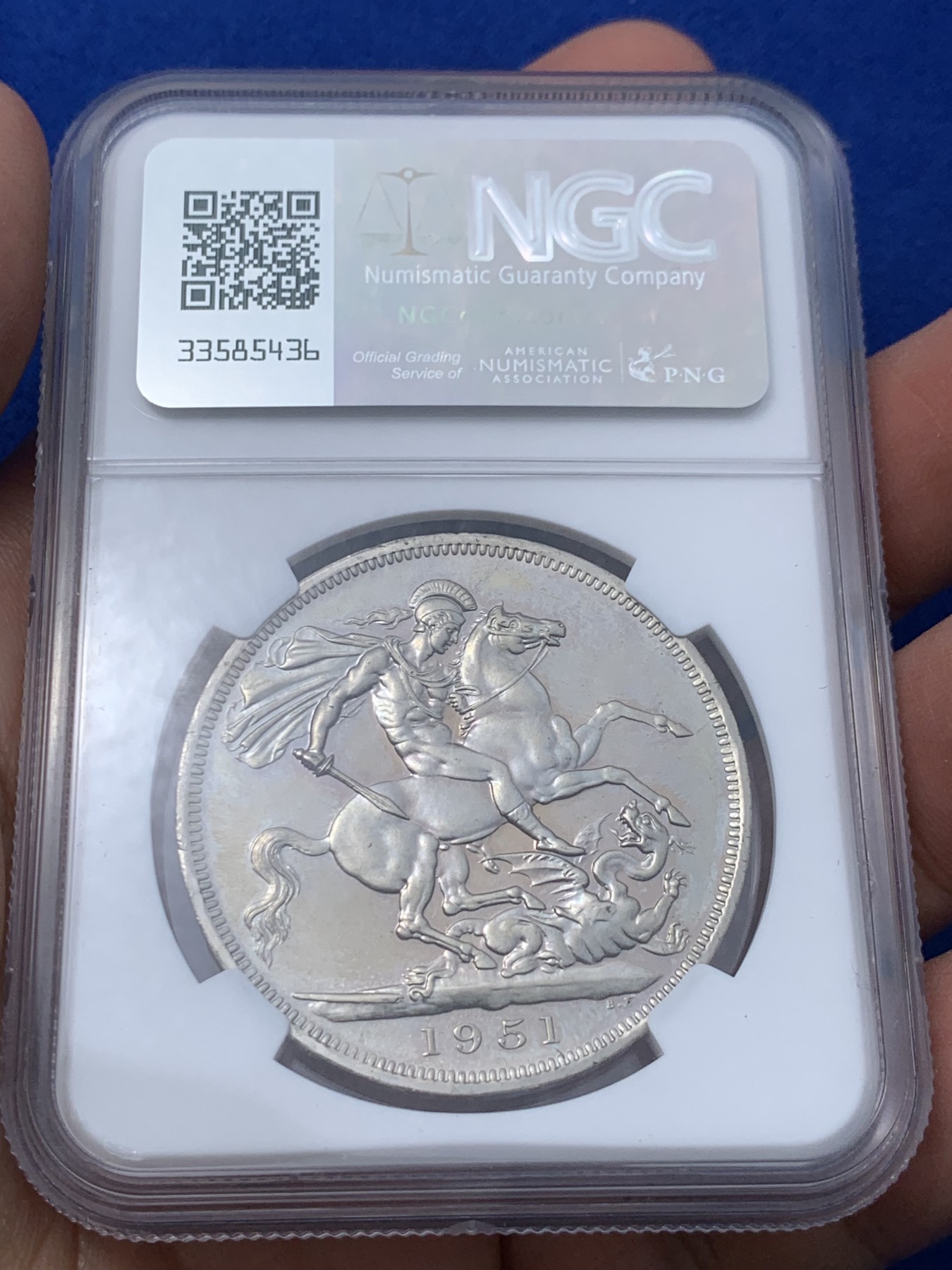 《竞宝斋》第251场-周日，周一2场连拍 (全场包邮) 两枚一组 NGC PL63 英国1951年乔治六世马剑克朗+NGC MS63 英国1953年登基克朗一对，有点压分