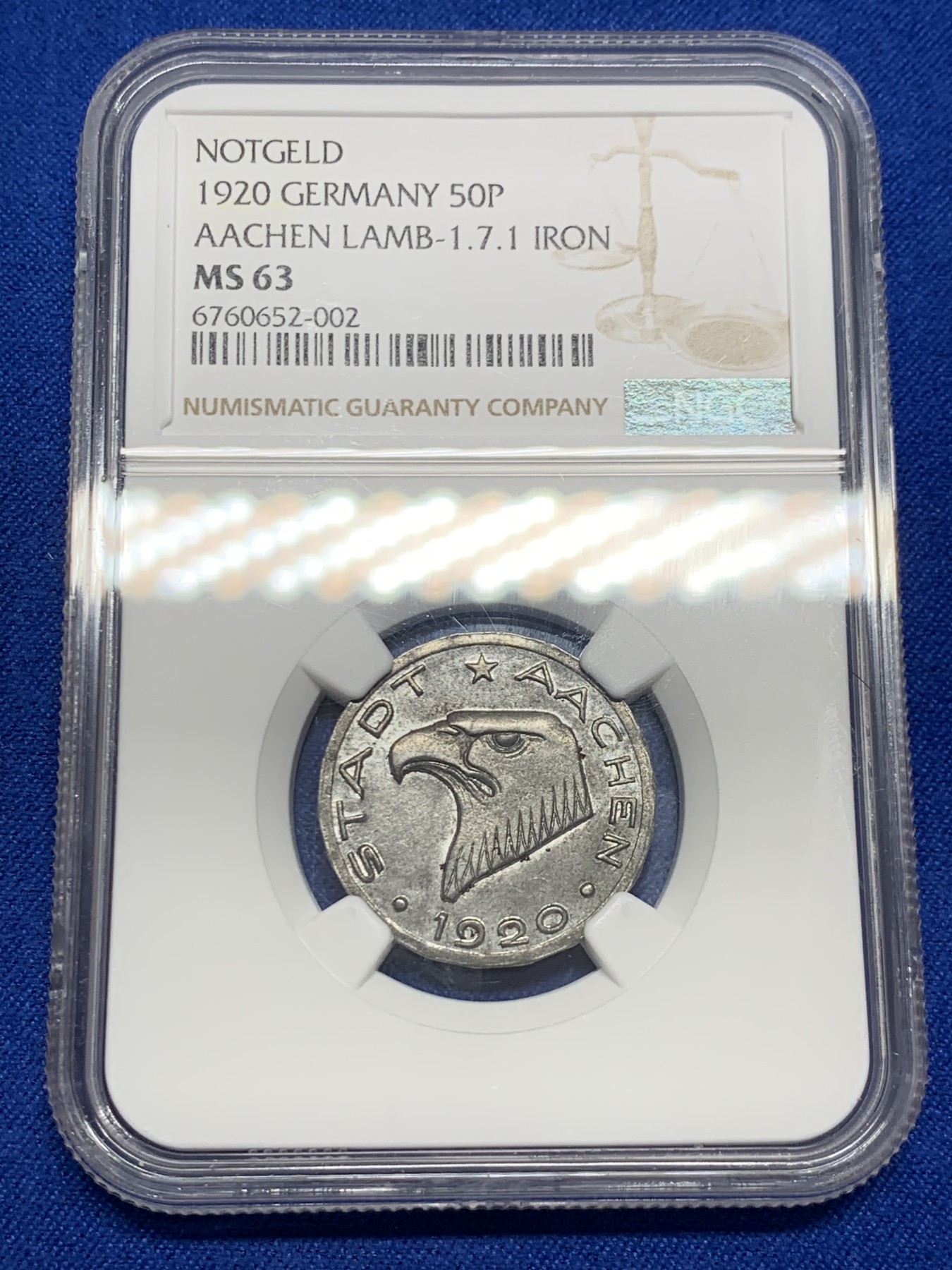 《竞宝斋》第251场-周日，周一2场连拍 (全场包邮) NGC MS63 1920年德国德紧亚琛鹰头50芬妮铁币 保存完好 难得的品相