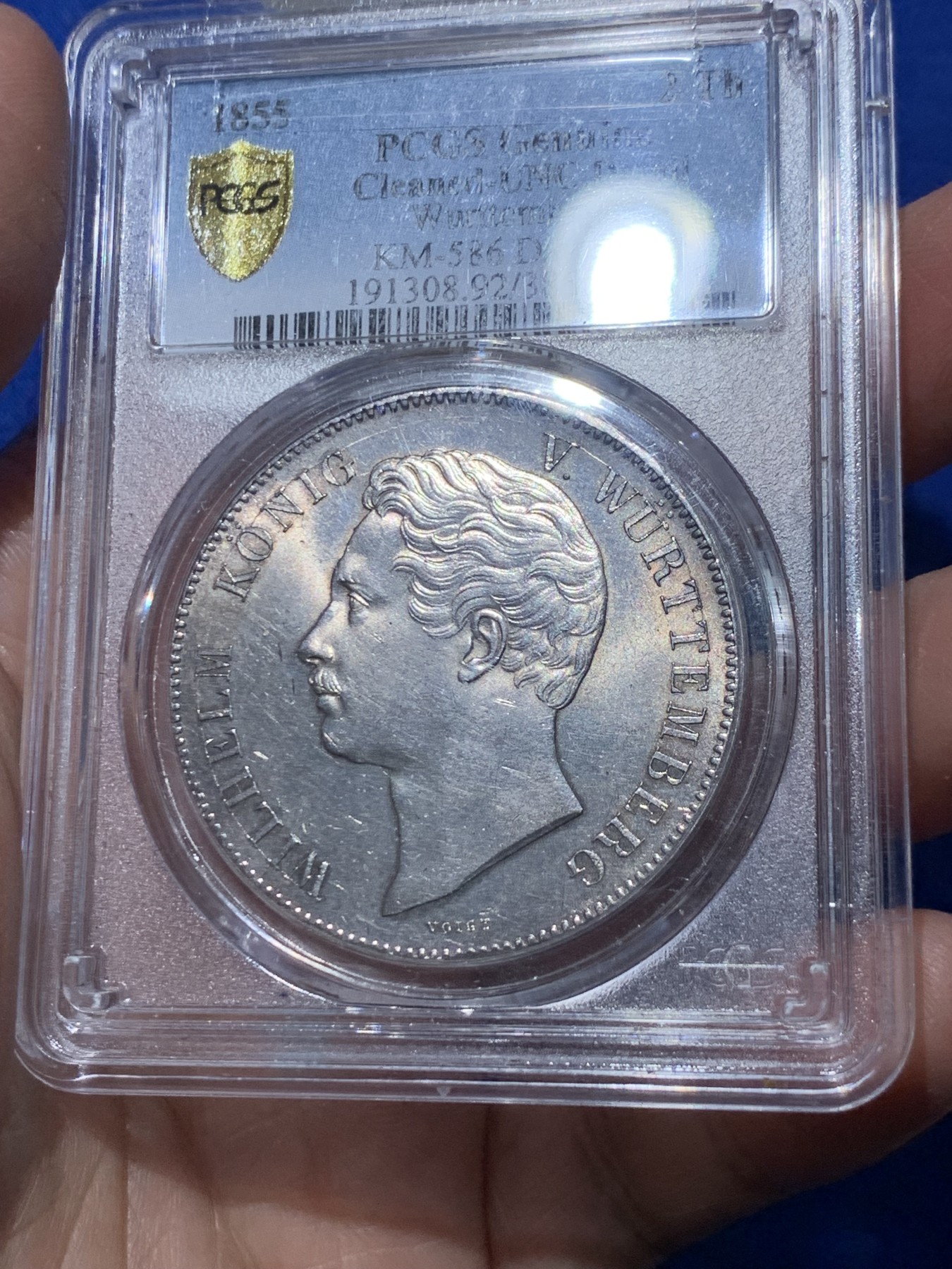 《竞宝斋》第251场-周日，周一2场连拍 (全场包邮) PCGS UNC 德国符腾堡1855金婚2泰勒银币 状态非常好 没感觉有清晰