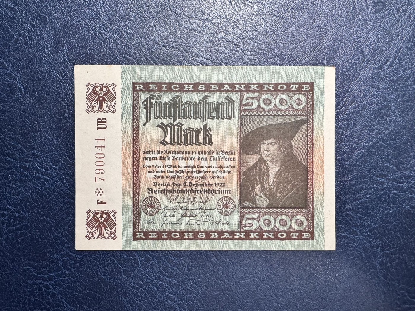 收藏联盟Quantum Auction 第333期拍卖  德国1922年5000马克 品相UNC-  少见星补号