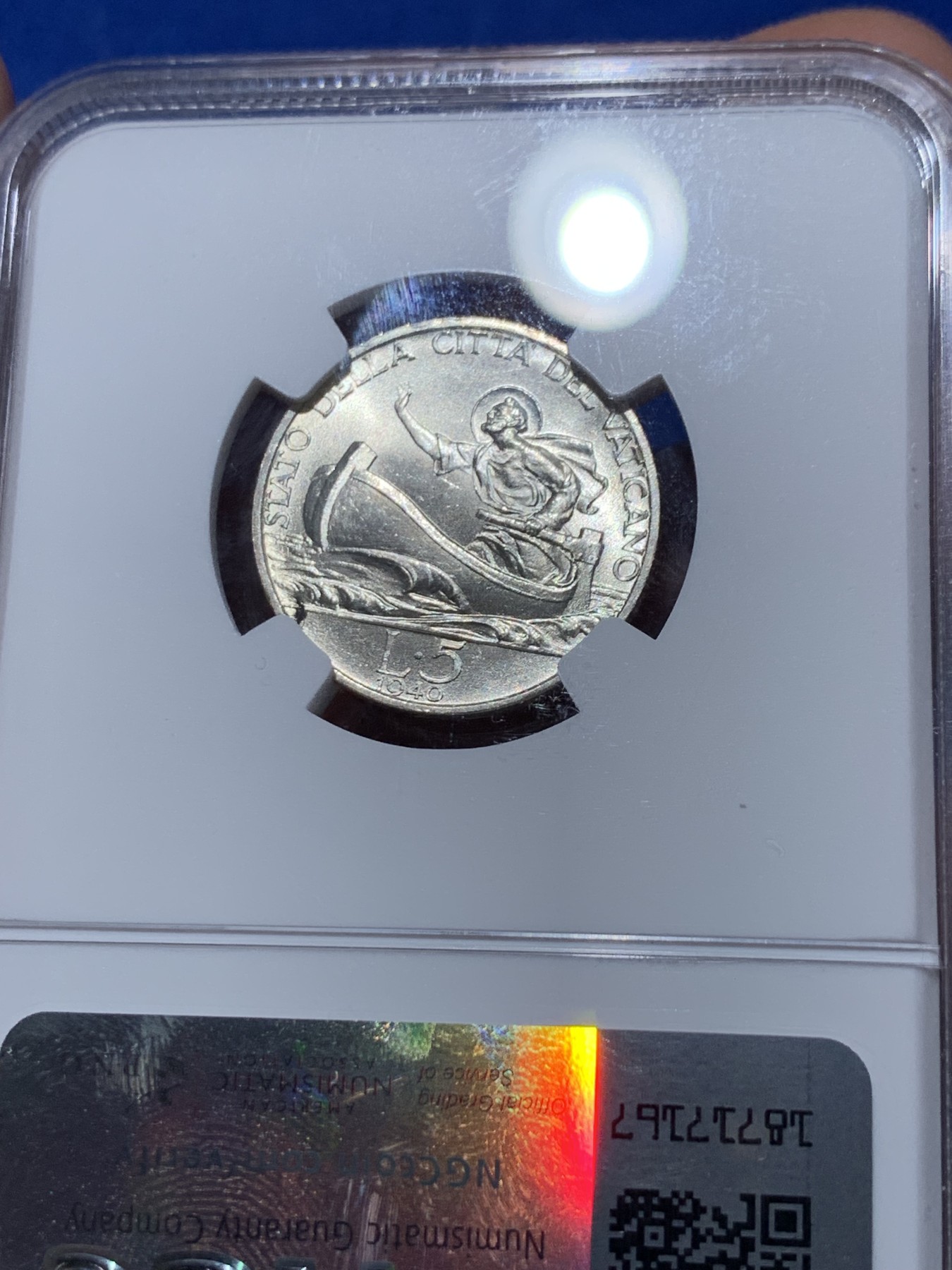 《竞宝斋》第251场-周日，周一2场连拍 (全场包邮) NGC MS65 梵蒂冈1940年小船5里拉银币