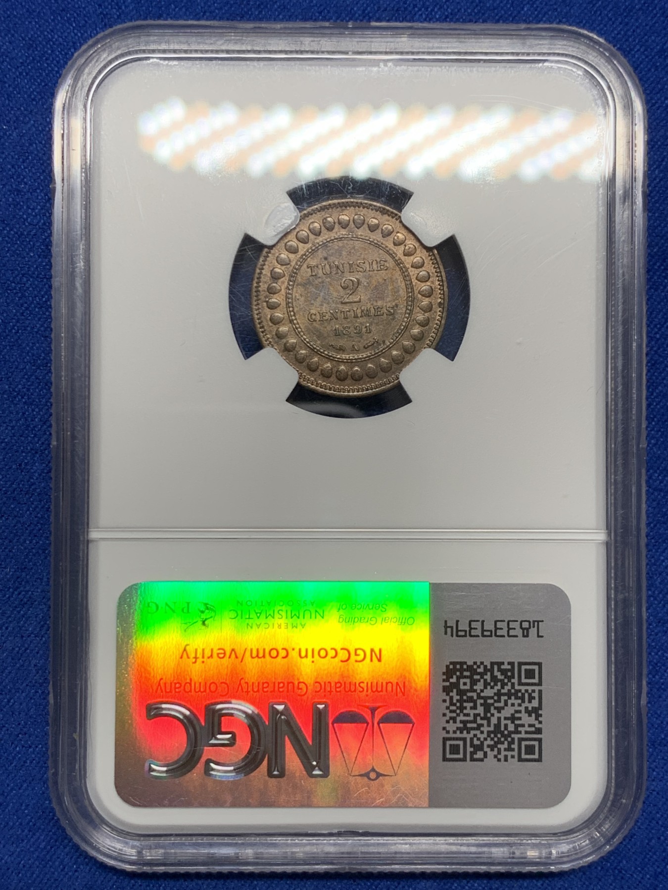 《竞宝斋》第251场-周日，周一2场连拍 (全场包邮) NGC MS63BN 突尼斯 AH1308/1891 2分 铜币，富有特色的伊斯兰风格，流通充分，MS少见