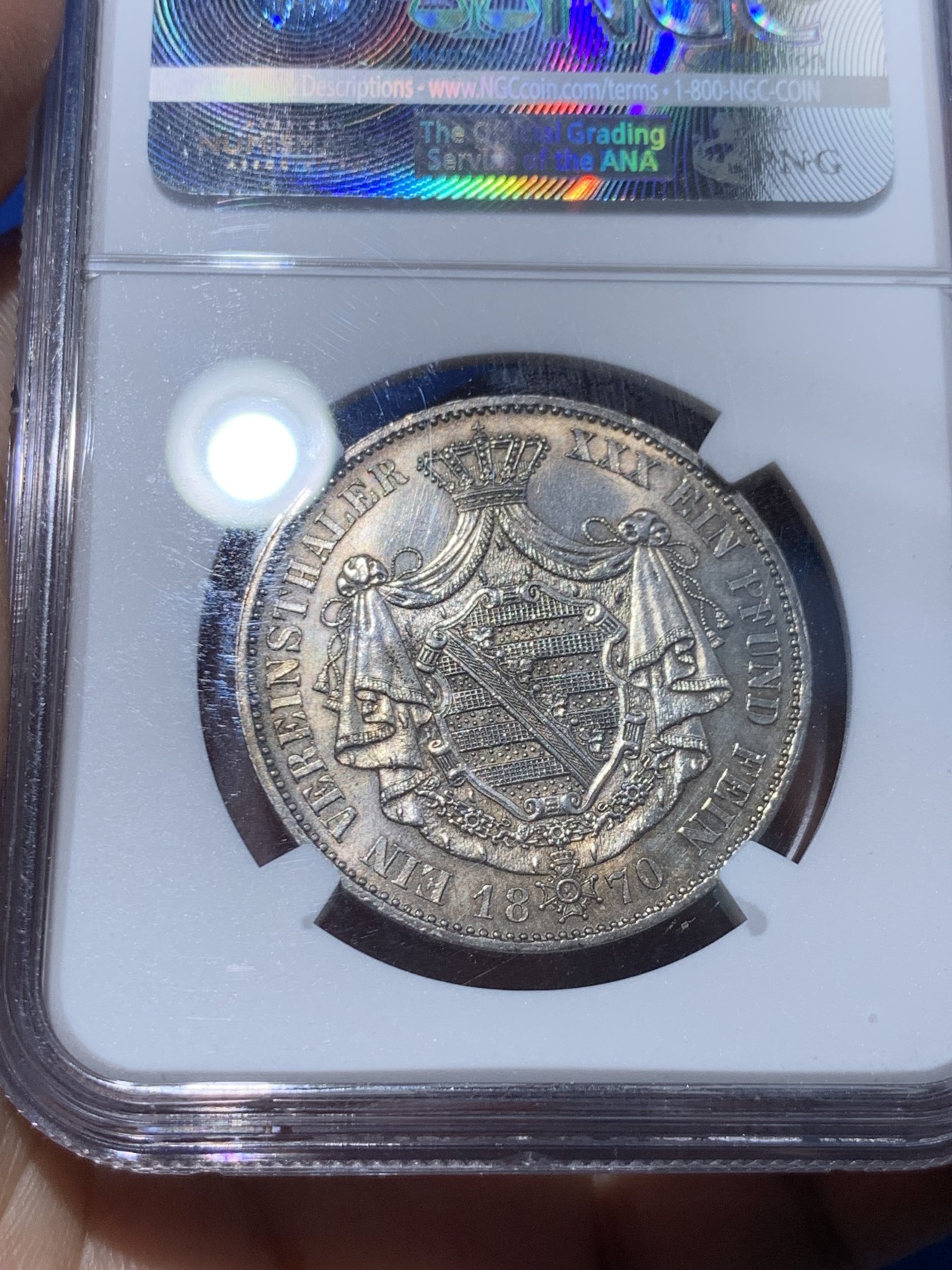 《竞宝斋》第251场-周日，周一2场连拍 (全场包邮) NGC UNCD 德国萨克森-科堡-哥达公国 1870年流通1泰勒 铸造量2.15万枚，1870年是该品种三个年份里价格最高的，且存世量远少于1869年的纪念版泰勒